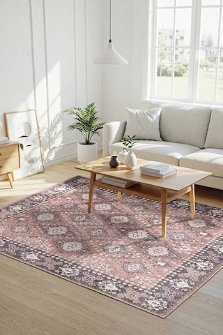 Stonart Eskitme Vintage Desenli Pudra Otantik Yıkanabilir Şönil Halı Al 465 Renkli