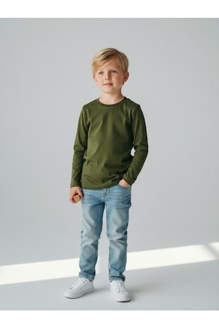 Zekids Erkek Çocuk Pamuklu Uzun Kol Basic T-shirt-16713 Haki