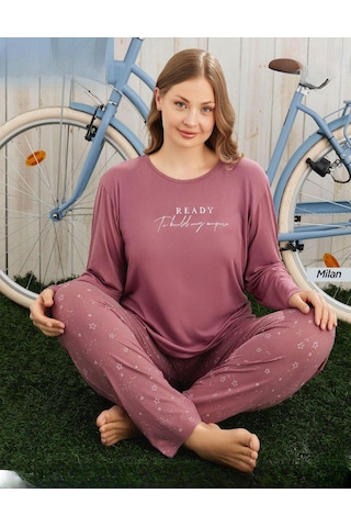 Pijamoni Kadın Milan Büyük Beden Bisiklet Yaka Uzun Kol İnce Pijama Takımı 7666/26 - 1 Adet Gülkurusu