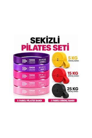 Pilates Direnç Bandı Seti Pembe Mor Mini Loop Uzun Egzersiz 8 Parça Çok Renkli