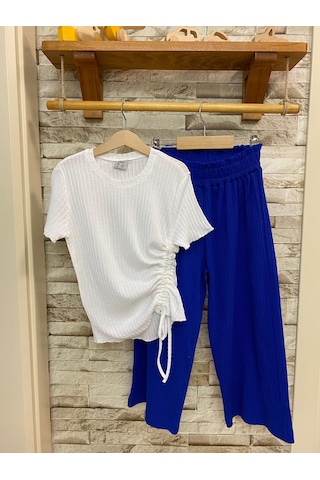 Aysbebe Bağcıklı Bluz + Bol Paça Fitilli Kumaş Pantolon Kız Çocuk Yazlık Takım Beyaz - Mavi 2254