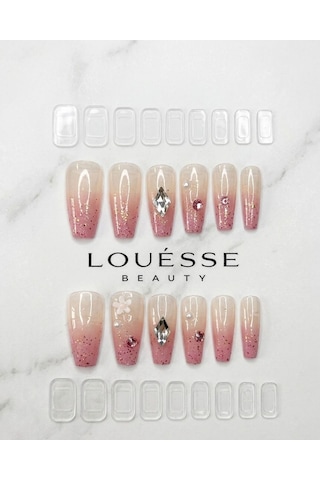 Louésse Blush Crystal Takma Tırnak Seti 12 Li Pembe Ombre Taşlı & Parlak Tasarım