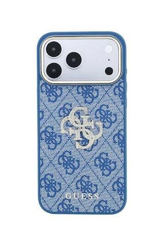 Apple iPhone Uyumlu 18 Pro Max Kılıf Guess Lisanslı 4g Büyük Taşlı Resin Logolu Pu Kapak Mavi