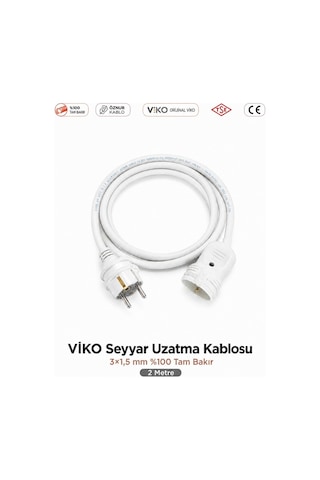 Viko Seyyar Uzatma Kablosu 2m 2 Metre 3x1.5 Mm %100 Bakır Öznur Kablo Viko Erkek Dişi Fiş Klemens Terminalli Topraklı Tse Ce Belgeli 2 M