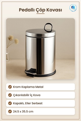 Pedallı Çöp Kovası 12 L Krom Metal 24.5 X 35.5 Cm Kapaklı Mutfak