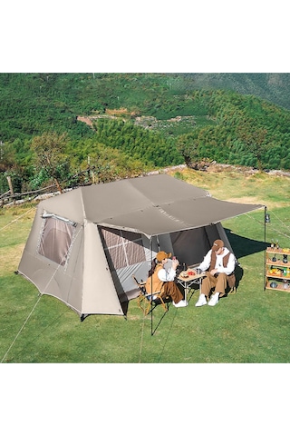 Çift Katmanlı Zirve Tasarımlı Dört Mevsim Çadırı, 16.3 Metrekare, Dış Ölçüler: 430 380 220 Cm. Bej