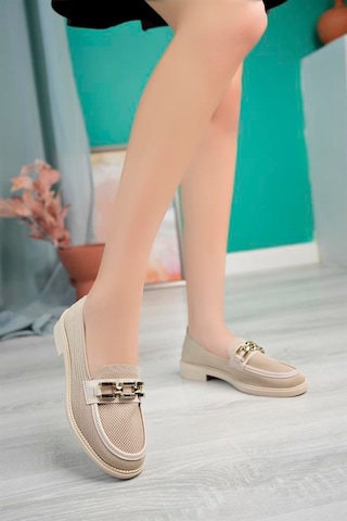 Alemdarshop Kadın Nude Zincir Tokalı Kalın Taban Pu Deri Günlük Klasik Topuklu Loafer Makosen Ayakkabı F Krem Tekstil F Krem T