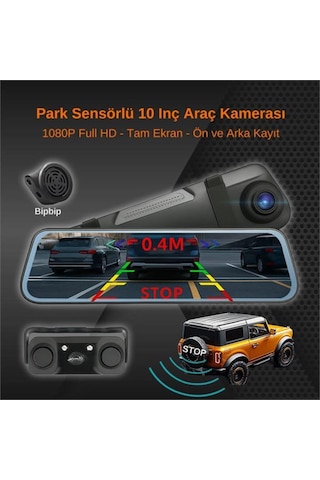 Araç Yol Kayıt Kamerası Dikiz Aynalı 10 İnç Full Hd Ön-arka Kameralı/ Park Sensörlü 64 Gb