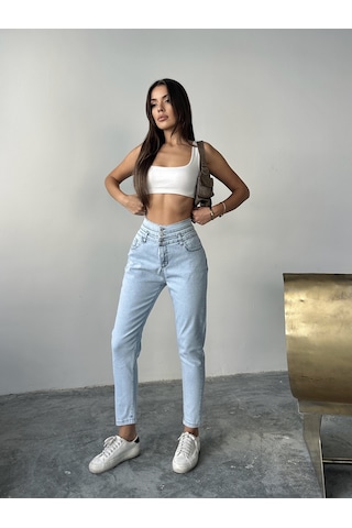 Kadın 3 Kemerli Yüksek Bel Kot Dar Paça Pantolon Buz Kar