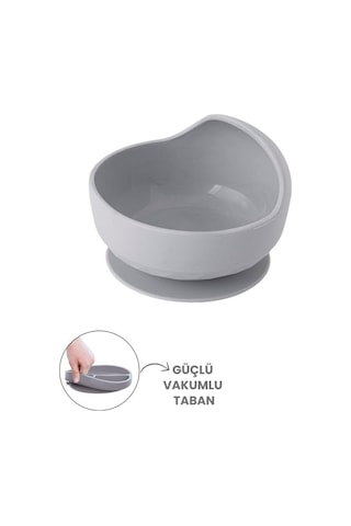 Silicolife Eğimli Mama Kasesi, Vakum Tabanlı Bebek Çocuk Eğimli Mama Tabağı - 2 Mama Kaşığı Hediyeli Gri
