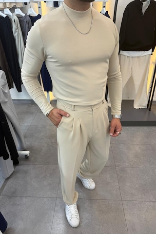 Yarım Balıkçı Pamuk Örme Likralı Esnek Rahat Kumaş Pileli Pantolonlu Takım krem