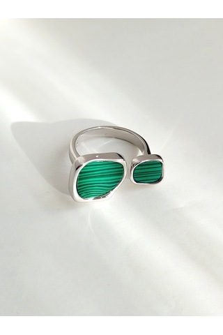 Gümüş Yeşil Malahit Taşlı Kare Tasarım Ayarlanabilir Kadın Yüzük