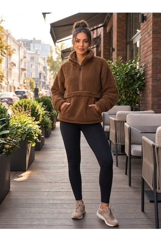 Suma Kadın Peluş Wellsoft Sweatshirt Yarım Fermuarlı Kanguru Cepli Kahverengi