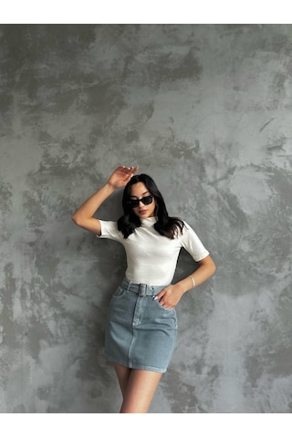 Kadın Kemer Detaylı Kot Mini Etek-mavi Mavi