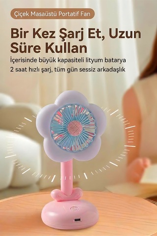 Işıklı Çiçek Tasarımlı Mini Fan Mavi 3 Kademeli Masaüstü Vantilatör Pembe