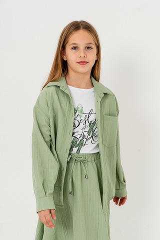 Kız Çocuk Tek Cepli Gömlek T-shirt İkili Takım 1802 Yeşil