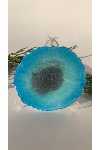 Deniz Mavi Yeşil Tonlu Simli Dalgalı Yuvarlak Epoksi Bardak Altı Diğer