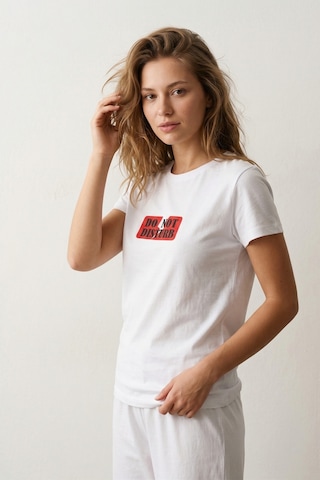 Elemge %100 Pamuk Pijama Üstü T-shirt Süprem Compact Penye Kadın Rahat Kalıp Beyaz Kısa Kol Do Not Disturb