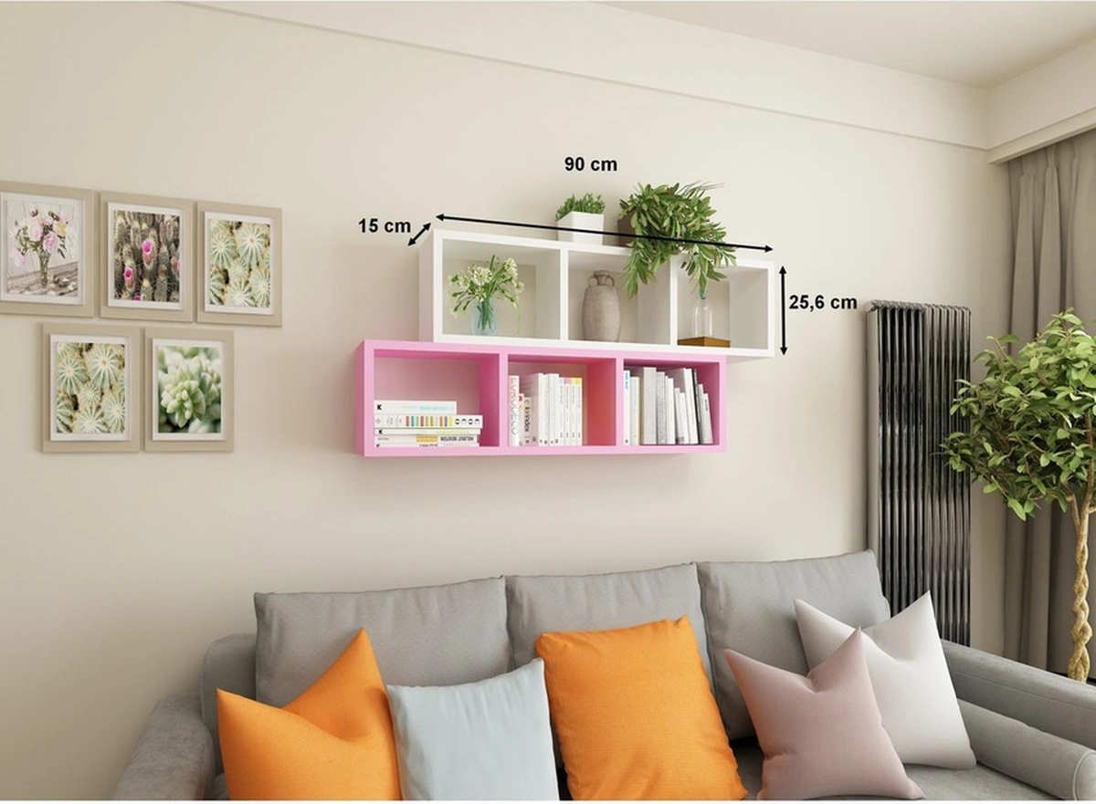 Kitaplık Ofis Duvar Rafı Renkli Ikili Takım Beyaz Pembe Pembe.beyaz