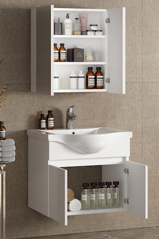 Yıldız 65 Cm Beyaz Mdf Seramik Lavabolu Asma Banyo Dolabı Takımı Beyaz