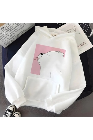 Unisex Oversize Beyaz Kafadar Ayılar Baskılı Sweatshirt Kapüşonlu Hoodie Beyaz