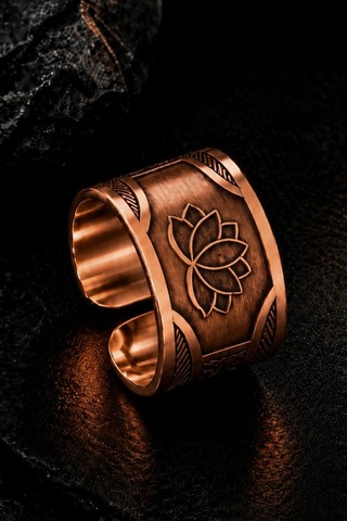 Erkek Bakır Yüzük Otantik El İşçiliği Ayarlanabilir Tasarım - Lotus Motifli