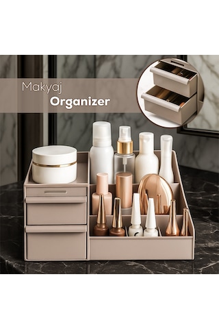 Porsima 5305 Çok Amaçlı Organizer 2 Çekmeceli Kozmetik Parfüm Krem Takı Makyaj Düzenleyici Cappuccino