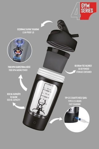Stevig 4 Gym Şarj Edilebilir Elektrikli Protein Shaker 650 Ml Siyah St-225 Siyah