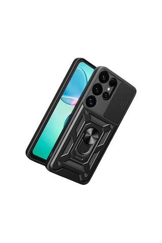 Uray Store Samsung Galaxy Uyumlu  S26 Ultra Pars Lens Yüzüklü Silikon - Siyah