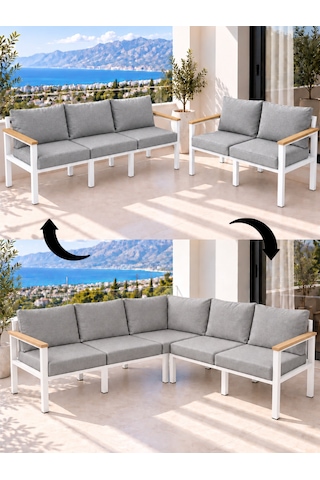 Neokas Metal L Köşe Koltuk 5 Kişilik, Balkon Ve Bahçe Mobilyası Beyaz