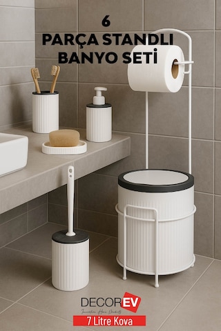 Decorev 6 Parça Standlı Banyo Seti 7 Litre Çöp Kovası, Tuvalet Kağıtlığı, Sabunluk, Fırçalık Banyo Takımı Beyaz - Gri