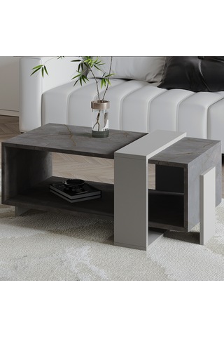 Meleni Orta Sehpa 90 Cm Modern Tasarım Raflı Gordion Mermer/gri