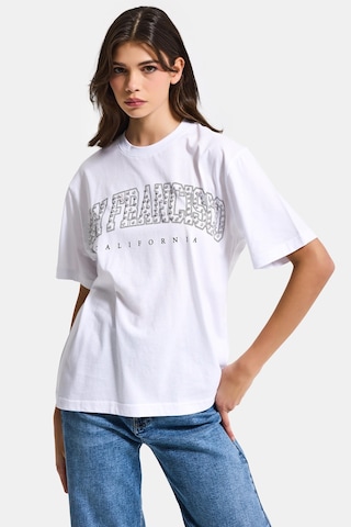 Itsbasic Kadın Beyaz S6-2 Oversize Özel Parlak Taşlı Sloganlı Bol Kesim T-shirt
