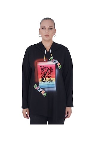 Kadın Büyük Beden Siyah Kapüşonlu Sloganlı Sweatshirt