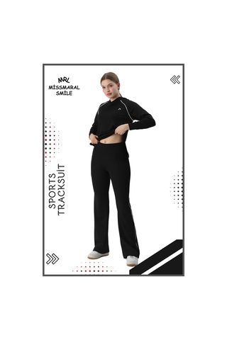 Kadın Spor Eşofman Takım İspanyol Paça Çift Cepli Alt &kapüşonlu Kanguru Cepli Üst Siyah Byz 3053 Siyah