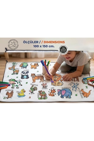 Boya Beni Yıkanabilir 100x150 Cm 12 Farklı Renkli Keçeli Kalemli Eğitici Oyuncak Boyama Halısı