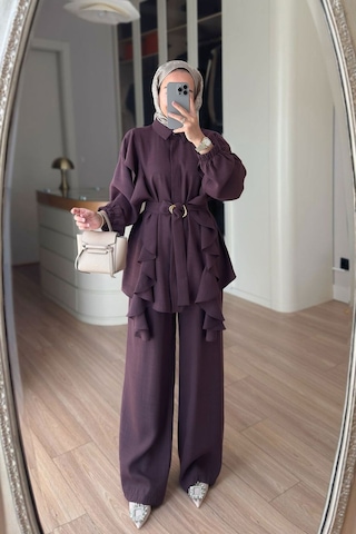 Ka Hijab Fırfır Detaylı Kuşaklı Takım - Mürdüm