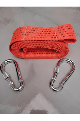 Çeki Halatı 3 Ton 5 M Çekme Halatı Kumaş 10 Mm Vidalı Metal Çengelli Karabinalı, Turuncu Kumaş Çeki Halatı,