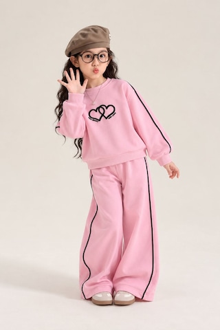 Minigimin Cicileri Two Hearts Şerit Detaylı Kız Çocuk Eşofman Takımı - Pembe