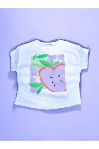 Kız Çocuk Pamuklu Elma Baskılı Bluz-14120 Ekru