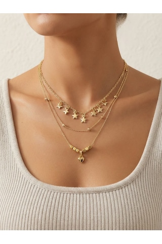 Kadın Çoklu Katmanlı Kolye Kombini Yıldız Kalp Madalyon Deniz Yıldızı Charm Detaylı Şık Kolye Seti Km057 Rose Gold
