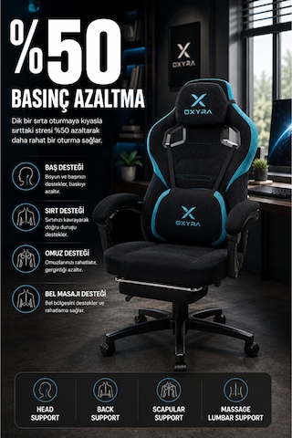 OXYRA Thalron Ergonomik Premium Terletmez Kumaş | Bel Masaj Destekli Oyuncu Koltuğu