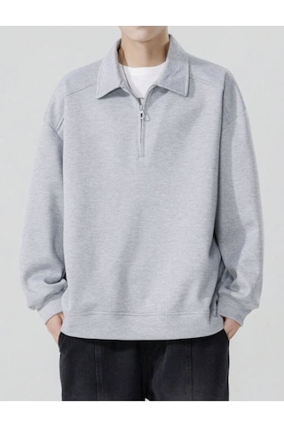 Harmandar Gri Erkek Baskısız Dik Yaka Yarım Fermuarlı Kazak Sweatshirt Gri