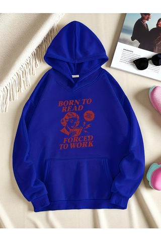 Uyguntarz Unisex Born To Read Baskılı Oversize Sweatshirt Mavi