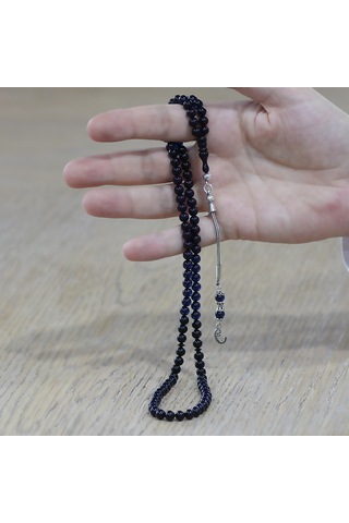 Tesbihname Sıkma Kehribar Namaz Tesbihi - 925 Ayar Gümüş Vav Püsküllü - Süzme Mavi Siyah - Küre Kesim Çok Renkli