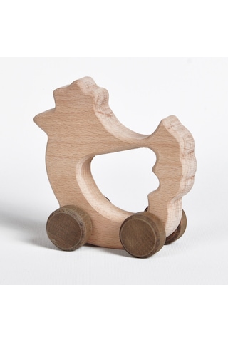 Ahşap El Yapımı Doğal Montessori Tavuk Tekerlekli Oyuncak