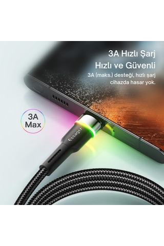 Essager Led Işıklı 2 Metre 3a Usb To Type-c Ultra Hızlı Şarj Kablosu,dayanıklı Renkli Led Işıklı Kablo
