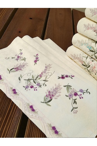 50x90 Cm Nakışlı Kadife 6lı El Havlusu Yüz Havlusu Seti Açık Krem