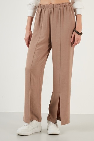 Lela Elastik Bel Bantlı Yırtmaçlı Rahat Kesim Bayan Pantolon 6057038 Vizon