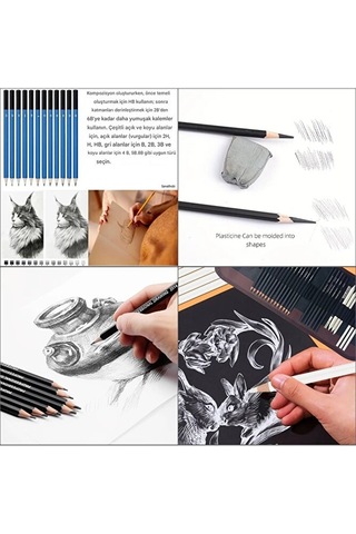 Kara Kalem Çizim Seti, Eskiz Kalem Seti, Dereceli Kalem Set, Tonlama-rulo Kalemlikli-32parça